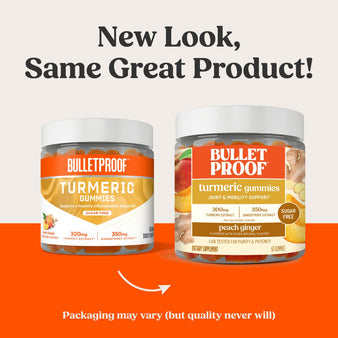New Look, Same Great Product! Packaging may vary (but quality never will)  Side by side comparison of Turmeric Gummies new and old packaging.