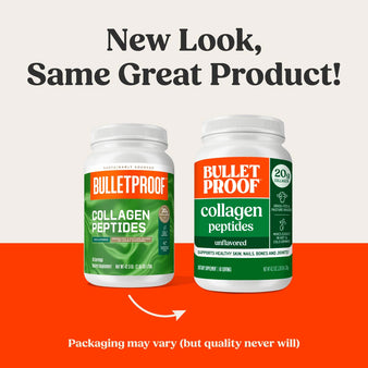 New Look, Same Great Product! Packaging may vary (but quality never will). The old packaging of Bulletproof collagen peptides unflavored container next to the new packaging for the Bulletproof collagen peptides unflavored container.