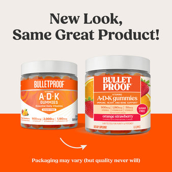 New Look, Same Great Product! Packaging may vary (but quality never will) Side by side comparison of A D K gummies new and old packaging