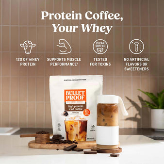 Protein Iced Coffee served in a glass tumblr next to it's packaging.
Protein Coffee, Your Whey
12g of whey protein, supports muscle performance, tested for toxins, no artificial flavors or sweeteners