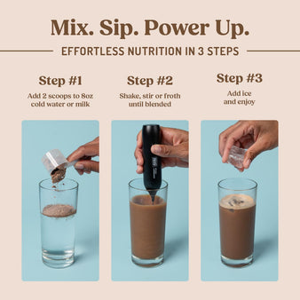 Mix. Sip. Power up. Effortless nutrition in 3 steps. 
A scoop of Protein Ice Coffee poured into a glass of water then frothed, served with ice.
Mix. Sip. Power Up.
Step #1 add 2 scoops to 8oz cold water or milk. Step #2 Shake, stir or froth until blended. Step #3 Add ice and enjoy. Handing adding ice to glass.