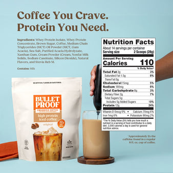 Bulletproof coffee packaging with a glass of coffee and nutrition facts label on a light blue background