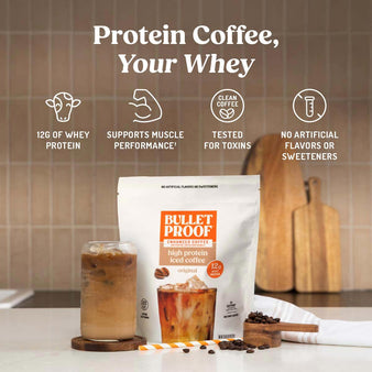A glass of protein ice coffee next to it's packaging.
Protein Coffee, Your Whey
12g of whey protein, supports muscle performance, tested for toxins, no artificial flavors or sweeteners.