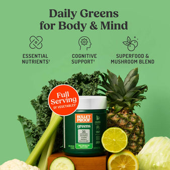 Bulletproof Greens container, essential nutrients, cognitive support and full serving of vegetables