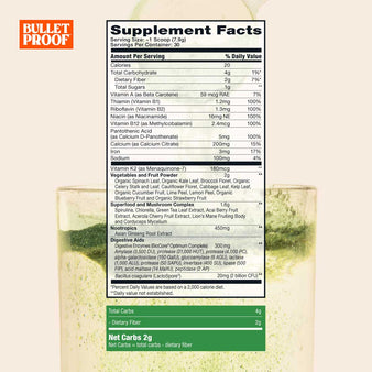 Supplement facts label for Bulletproof Greens with greens powder mixed in water