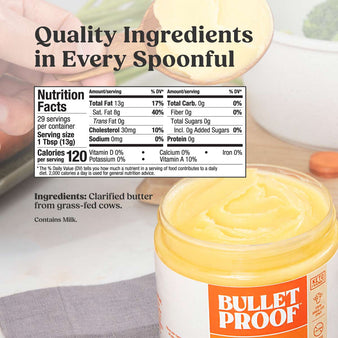 Jar of Bulletproof clarified butter with nutrition facts label on a blurred background