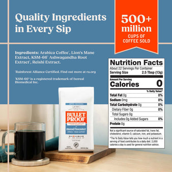 Bulletproof coffee packaging with a cup of coffee and nutritional information on a wooden surface.