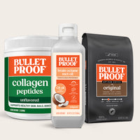 Three Bulletproof products including collagen peptides, brain octane MCT oil, and coffee on a light beige background.